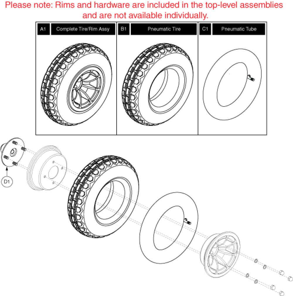 Pneumatic, 4 Spoke Hub (knobby Thread) Drive Wheel parts diagram