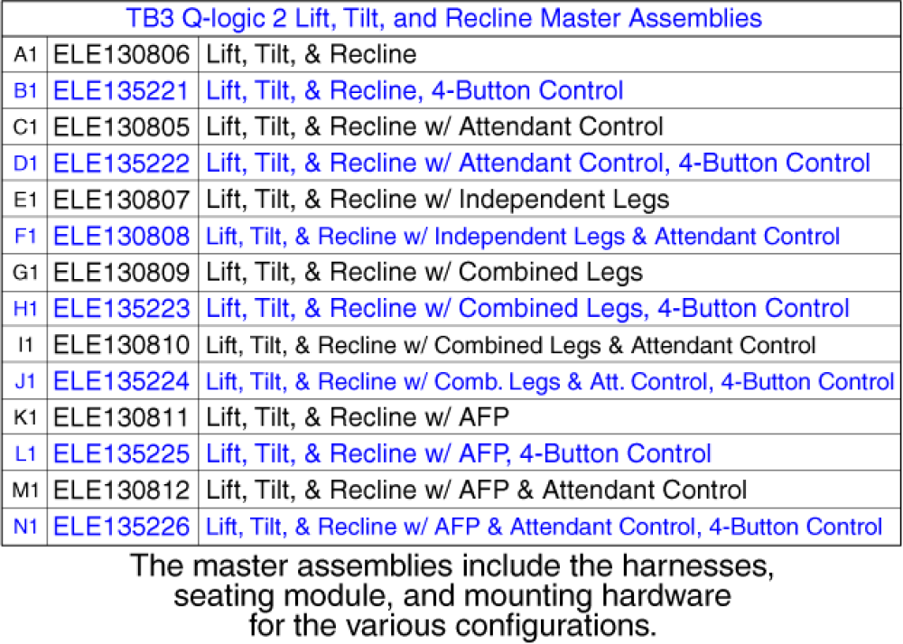 Tb3 Q-logic 2 Master Assy, Lift, Tilt & Recline parts diagram