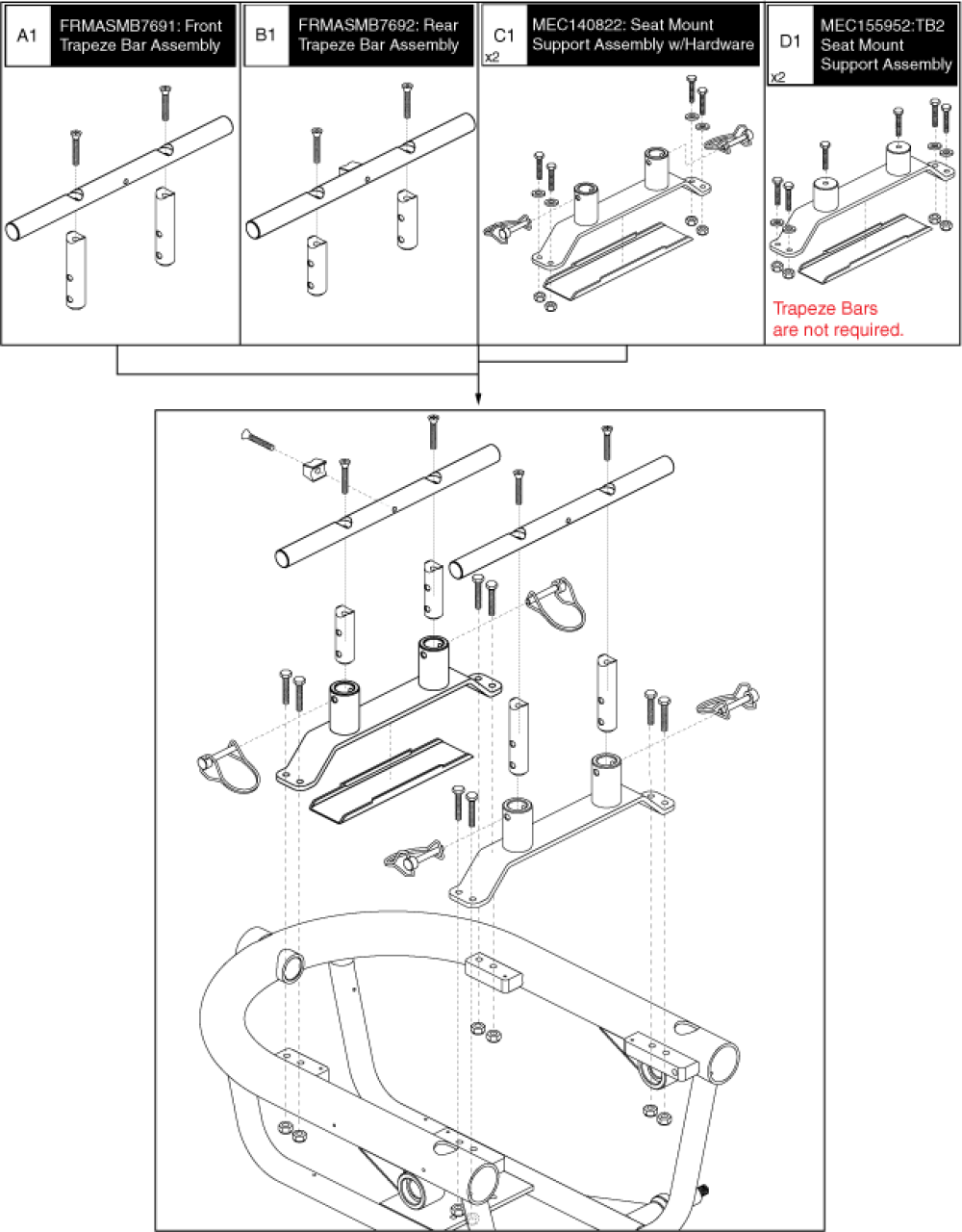 Trapeze Bars, Standard Seat Mounts, And Tb2 Seat Mounts parts diagram