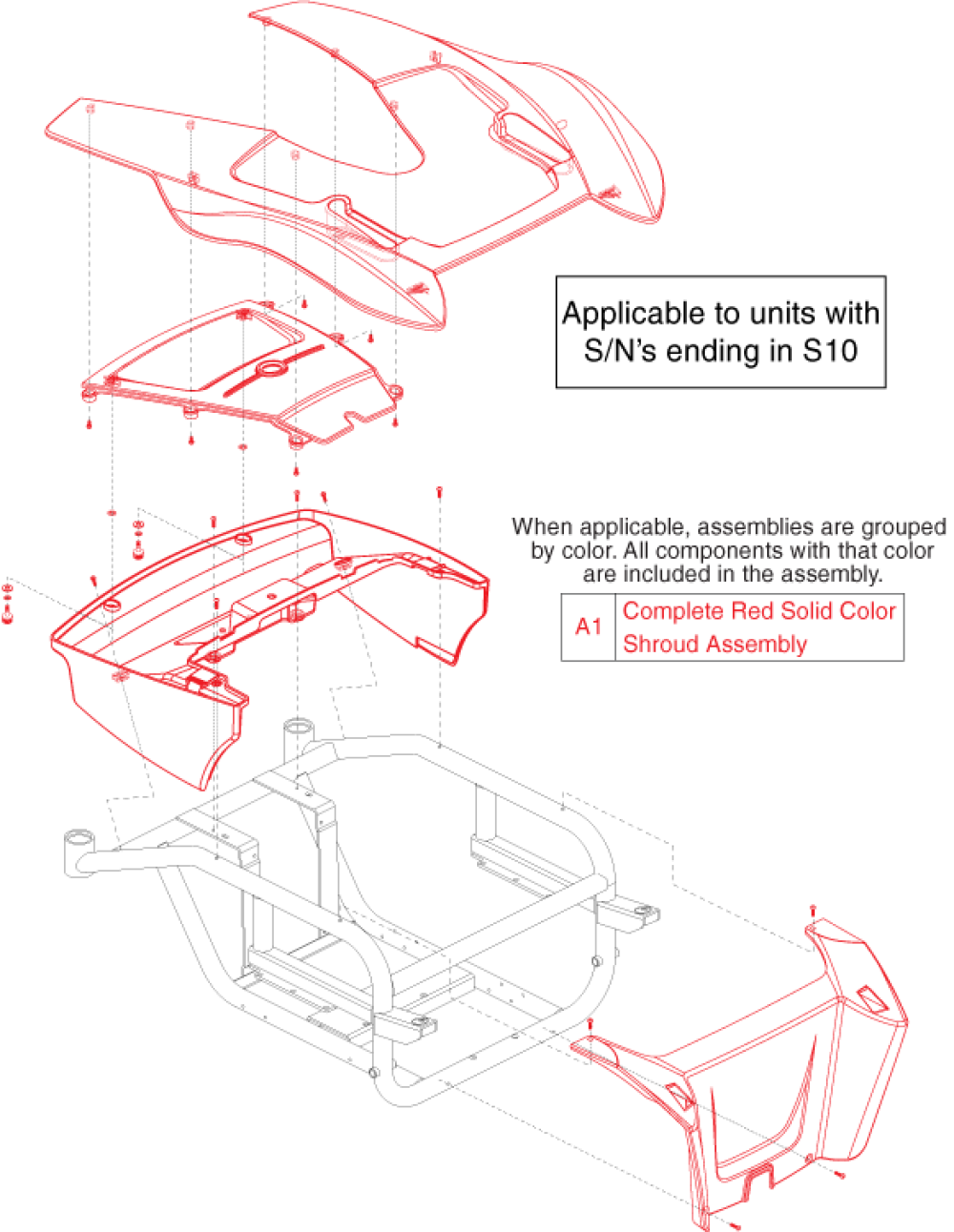 Shroud Assembly - Solid Red, S/n Ending In S10 parts diagram