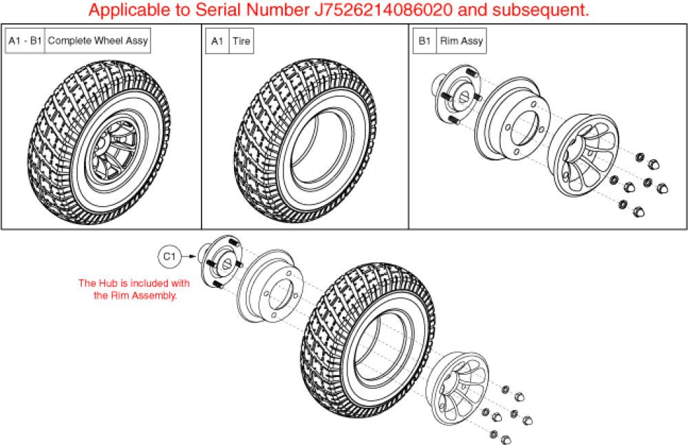 Wheel Assembly - Flat-free, S/n J7526214086020 & Sub parts diagram