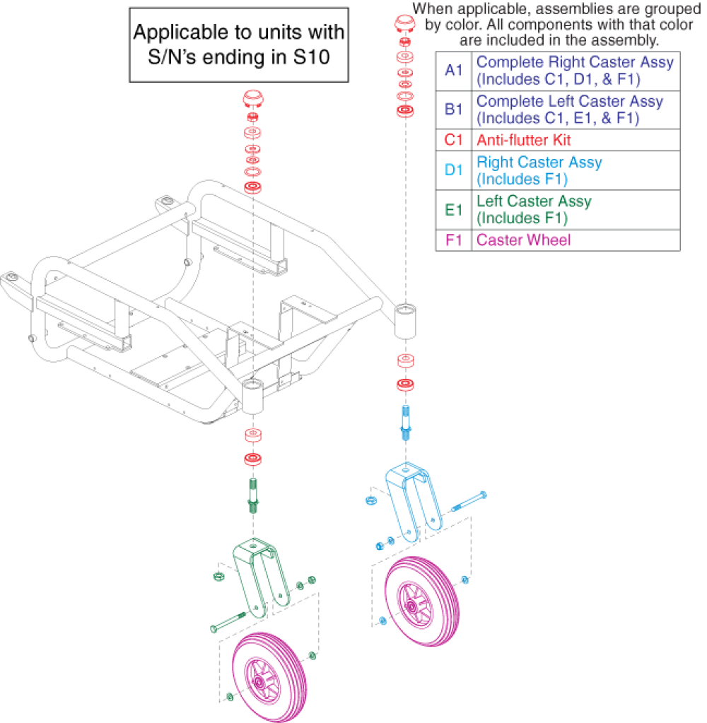 Rear Caster Assembly - Black Wheel, S/n Ending In S10 parts diagram