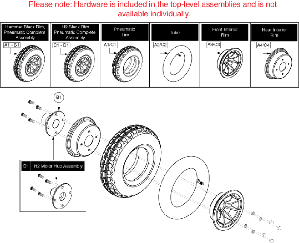Wheel Assembly - 4 Spoke, Pneumatic, Hs And H2 Motors parts diagram