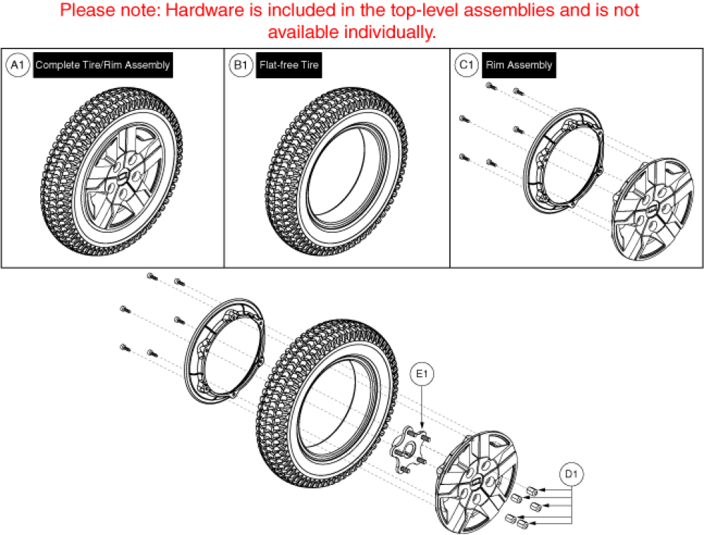 Flat Free Wheel, Titanium Rim/black Tire, 5 Spoke Hub parts diagram