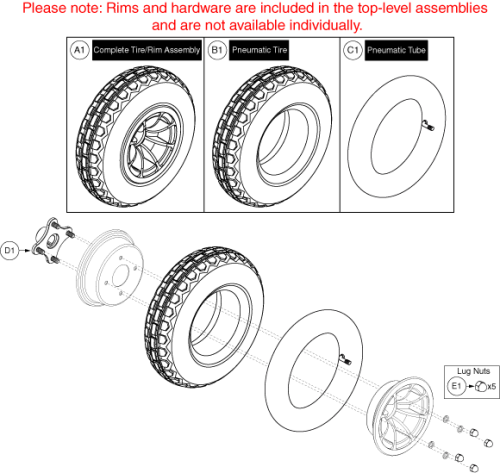Pneumatic Wheel(knobby), Black Rim/black Tire, 4 Spoke Hub parts diagram