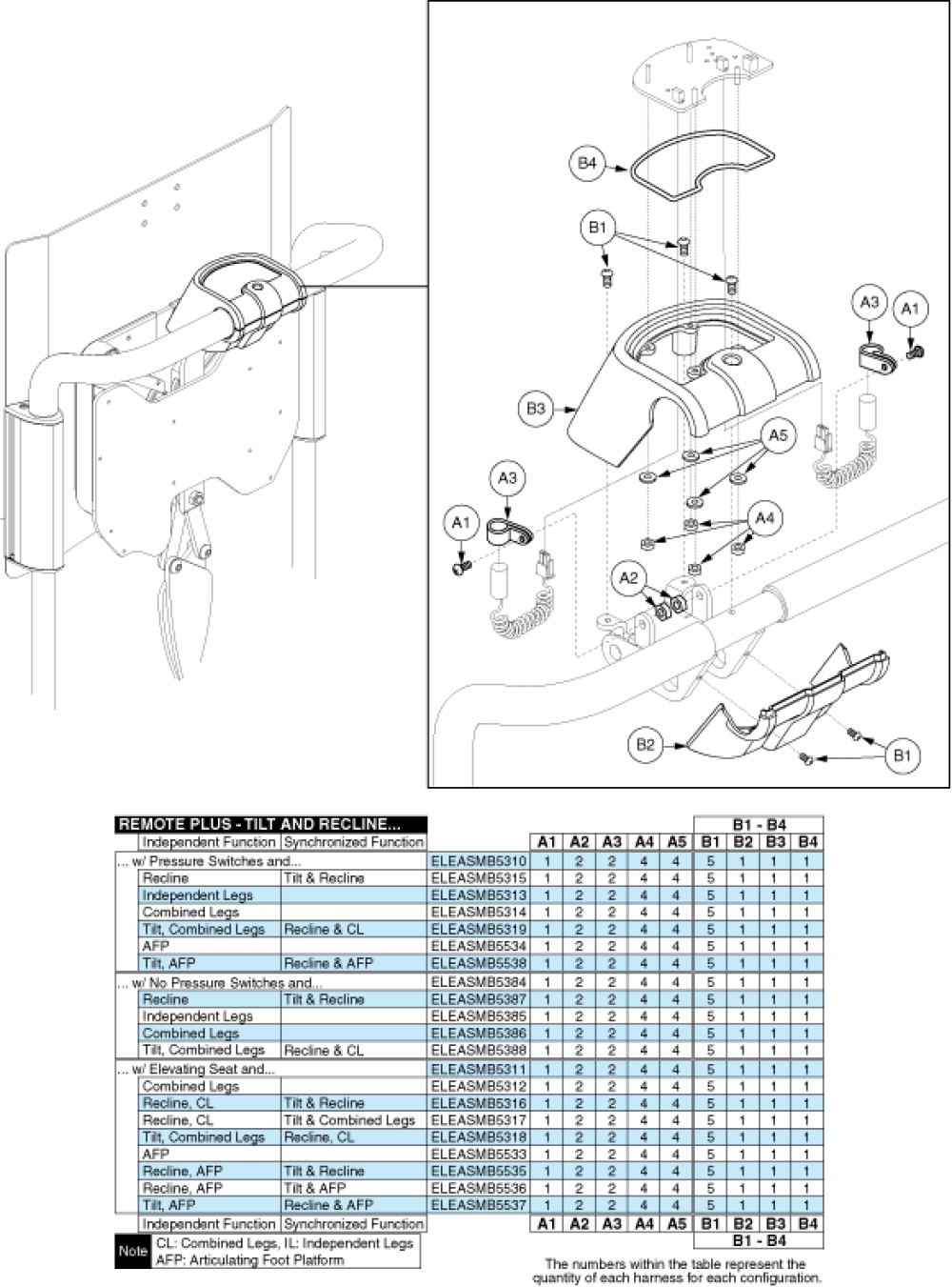 Table - Remote+, Recline, Attendant Control parts diagram