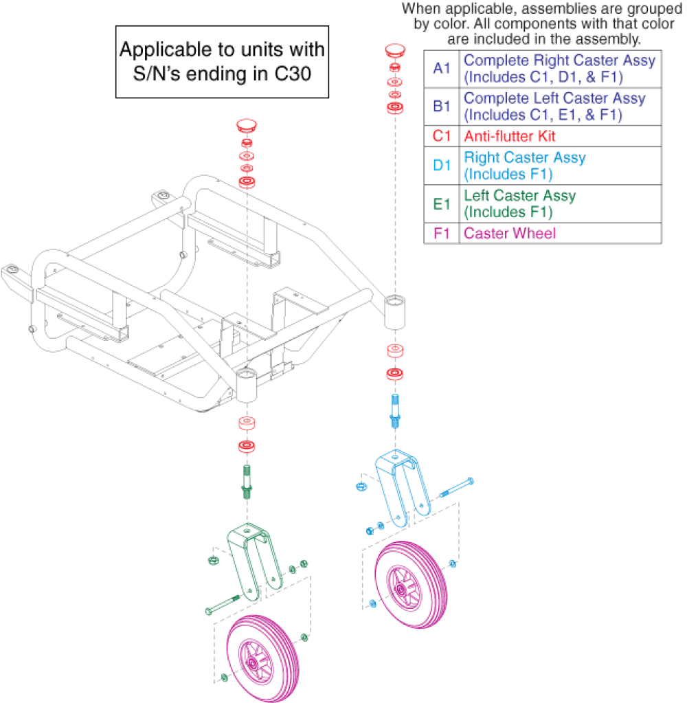 Rear Caster Assembly - Black Wheel, S/n Ending In C30 parts diagram