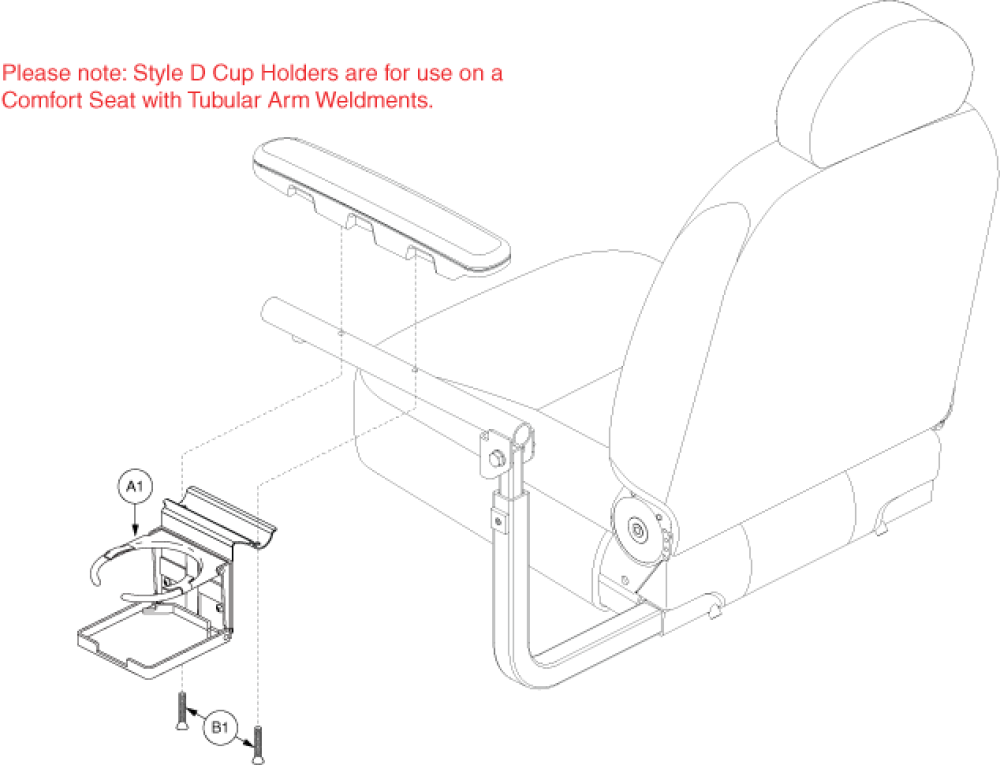 Cup Holder - D Style, Comfort Seat W/tubular Arm Weldment parts diagram