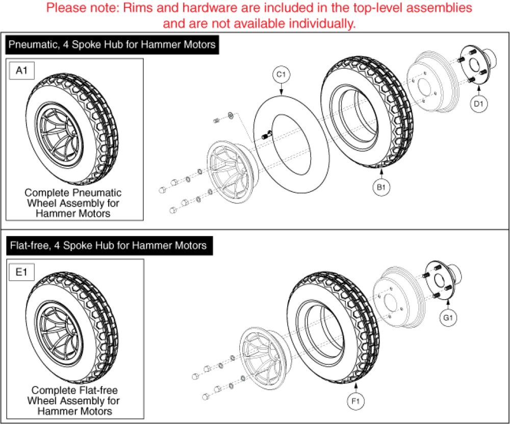 4 Spoke Hub Drive Wheel, Hammer Motors parts diagram