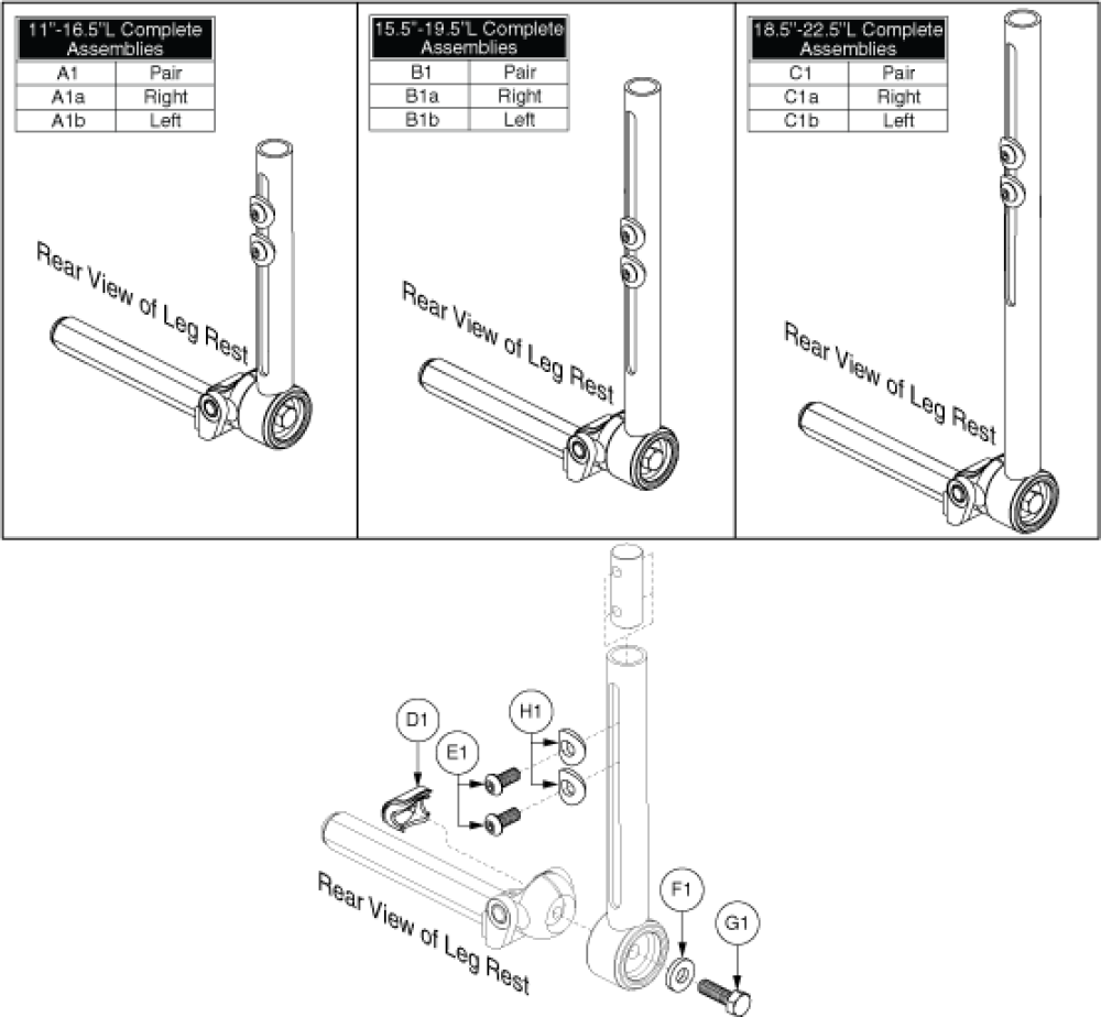Multi-axis Leg Rests - Style #8, Long parts diagram
