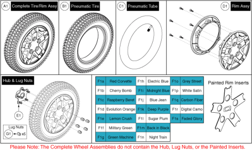 Pneumatic Wheel, Black Rim/tire, 5 Spoke & Painted Inserts parts diagram
