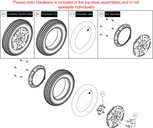 Pneumatic Wheel, Titanium Rim/black Tire, 5 Spoke Hub parts diagram