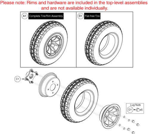 Flat Free Wheel(knobby), Black Rim/black Tire, 4 Spoke Hub parts diagram