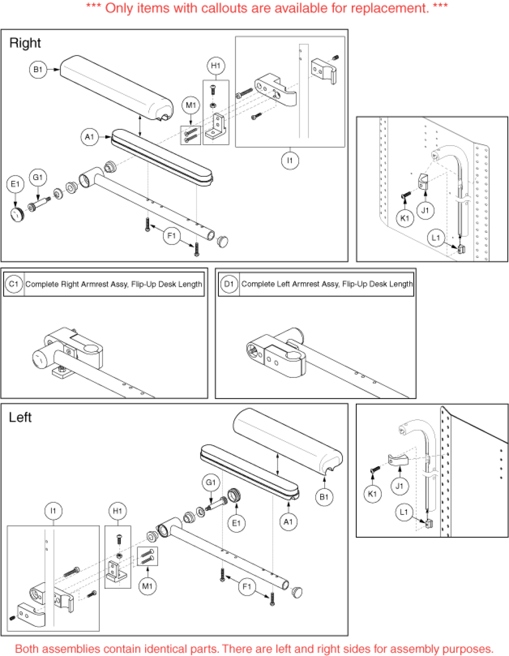 Armrests - Desk Length, Flip Up, Textured parts diagram