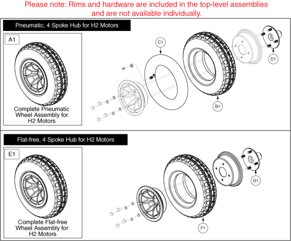 4 Spoke Hub Drive Wheel, H2 Motors parts diagram