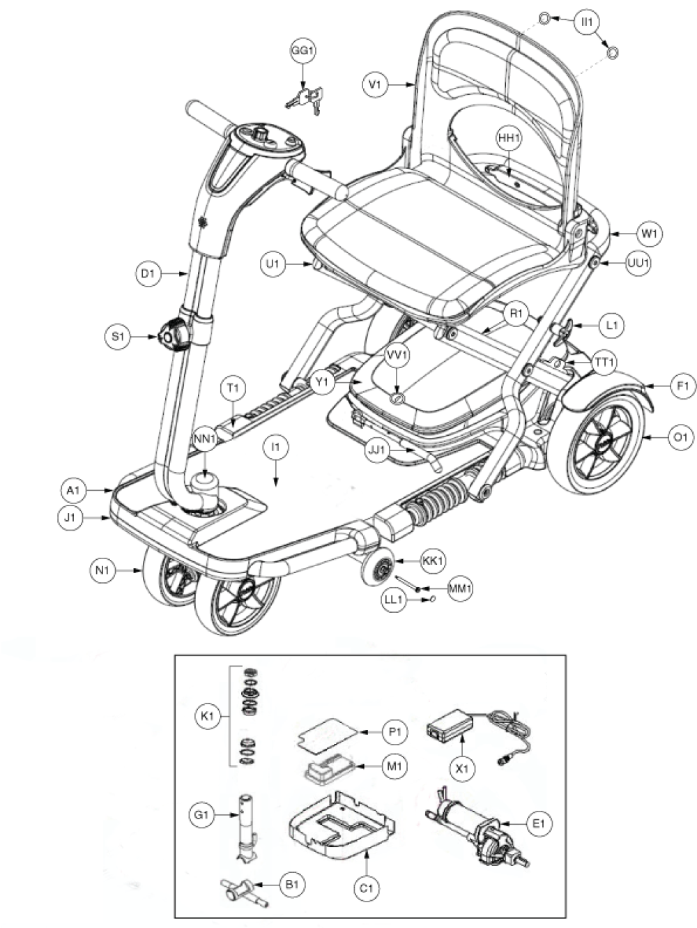 S19 Folding Gogo W/ Lithium Battery Pack parts diagram