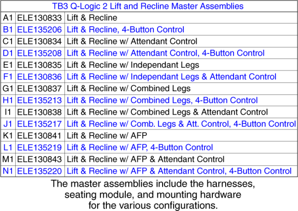 Tb3 Q-logic 2 Master Assy, Lift & Recline parts diagram