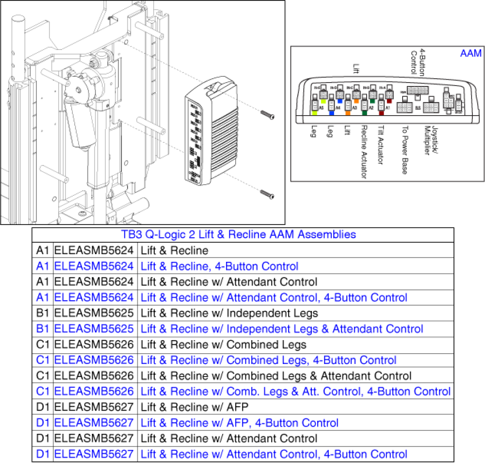 Tb3 Q-logic 2 Aam Assy, Lift & Recline parts diagram