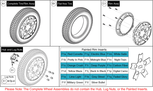 Flat Free Wheel, Black Rim/tire, 5 Spoke & Painted Inserts parts diagram