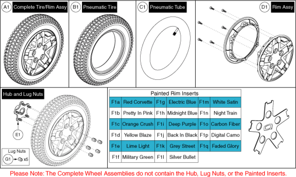 Pneumatic Wheel, Silver Rim/black Tire W/ Color Insert parts diagram