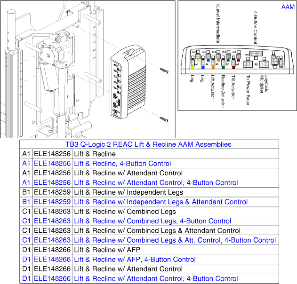 Reac W/i-level Q-logic 2 Elect - Lift & Recline Aam Assys parts diagram