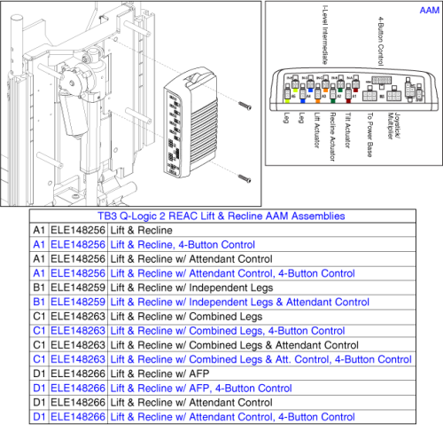 Reac W/i-level Q-logic 2 Elect - Lift & Recline Aam Assys parts diagram