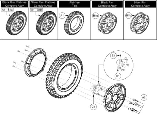 Flat-free Wheel Assy-gray Tire,5 Spoke,hammer & H2 Motors parts diagram