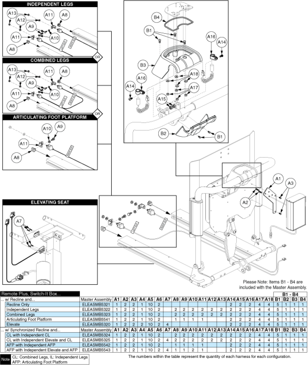 Table - Remote+, Recline, Hardware parts diagram