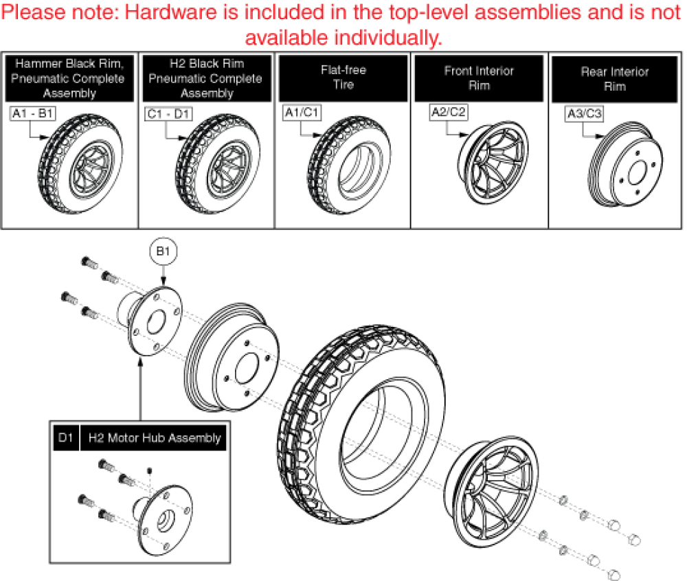 Wheel Assembly - 4 Spoke, Flat-free, Hs And H2 Motors parts diagram