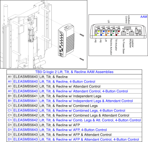 Tb3 Q-logic 2 Aam Assy, Lift, Tilt, & Recline parts diagram