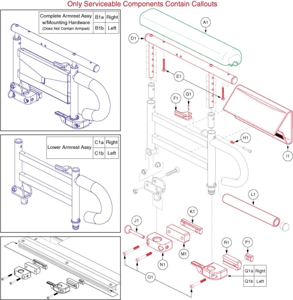 Tb3 2 Post Flip Up Armrest, Full Length W/waterfall Spacer parts diagram
