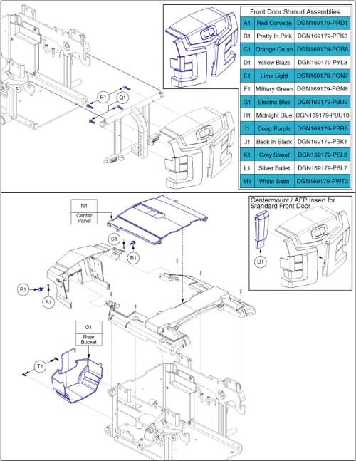 Front Doors, Rear Bucket, Inserts, And Hardware parts diagram