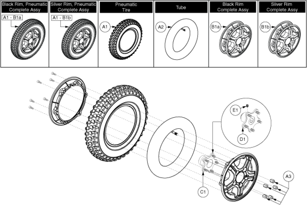 Wheel Assembly - 5 Spoke Hub, Pneumatic, Hs And H2 Motors parts diagram