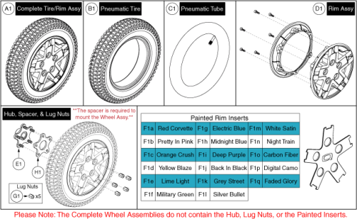 Pneumatic Wheel, Black Rim/tire, 5 Spoke & Painted Inserts parts diagram