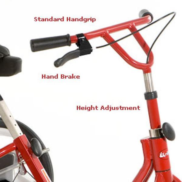 The height-adjustable Conventional Handlebar for Rifton Special Needs Tricycles has standard handgrips. Turn the oval knob to raise and lower the handlebar.
