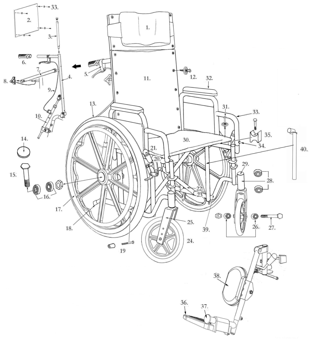 Parts For Deluxe Sentra Full-reclining Wheelchair parts diagram
