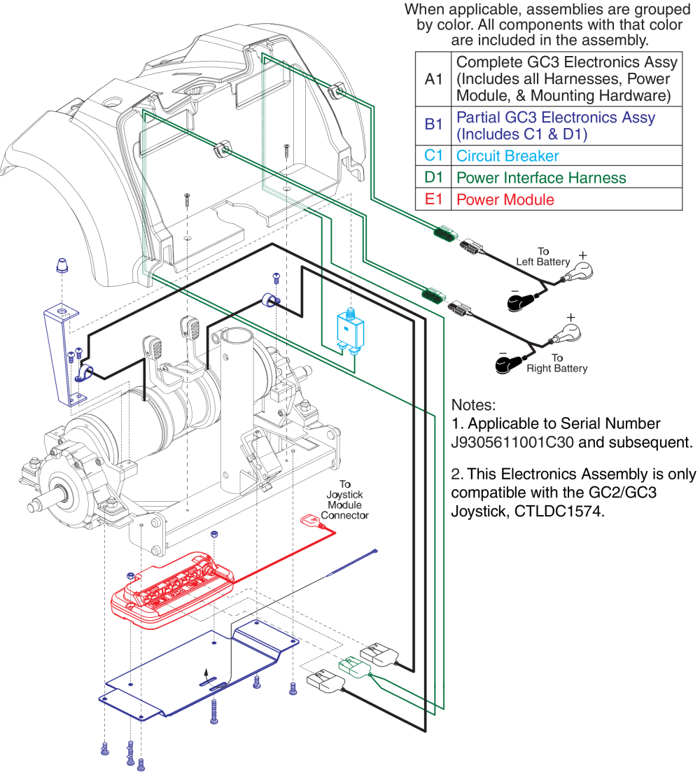 Gc3 Power Module, Circuit Breaker, Power & Xlr Harnesses.  (s/n J9305611001c30 And Sub.) Jazzy Select Traveller parts diagram