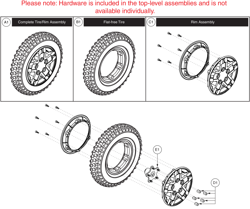 Drive Wheel - Flat-free, Silver Rim/gray Tire parts diagram