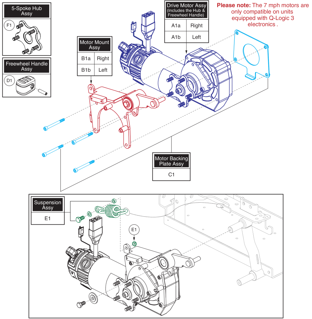 7mph Accu-trac Drive Motor, 5-spoke Hub, Curtis Connector, Q6 Edge 3 parts diagram