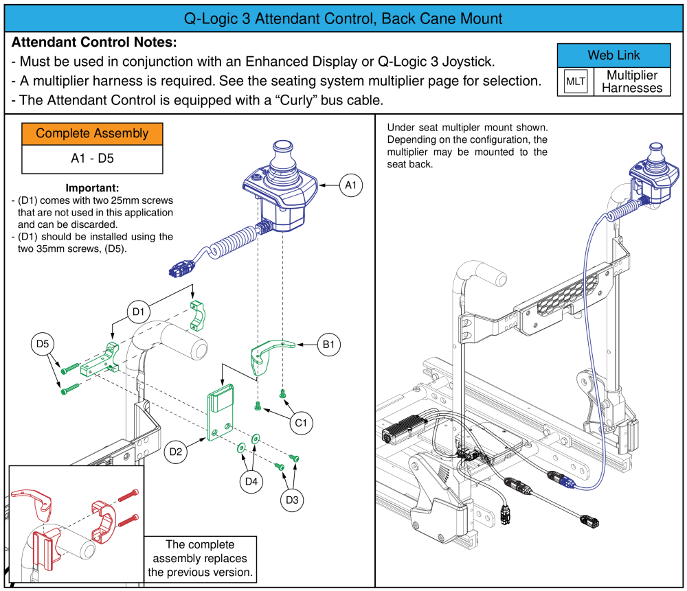 Q-logic 3 Attendant Control, Back Cane Mounted, Tb Flex parts diagram