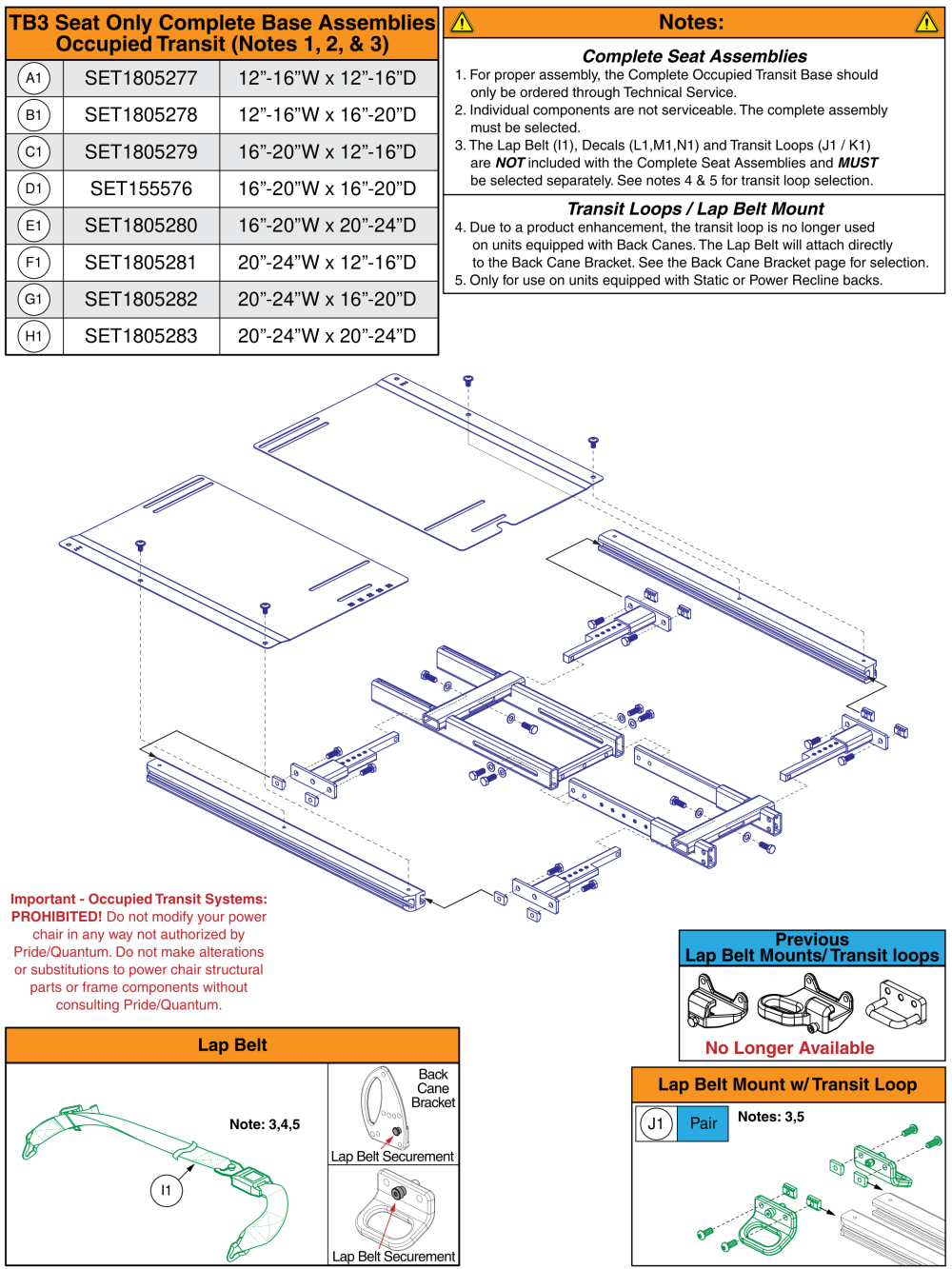 Seat Only Complete Base Matrix, Occupied Transit, Tb3 parts diagram