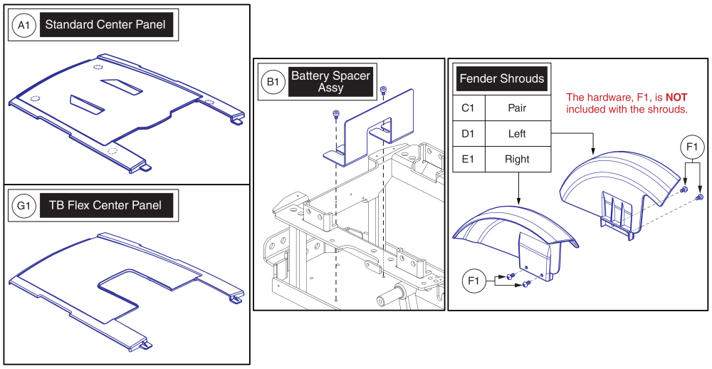 Center Panel, Fenders, & Battery Spacer, J4 parts diagram
