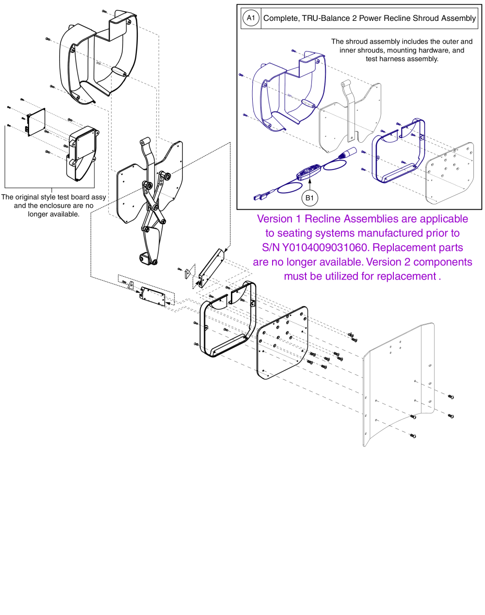 Back Shroud, Linkage, And Interface Plate, Version 1, Tb2 Recline parts diagram