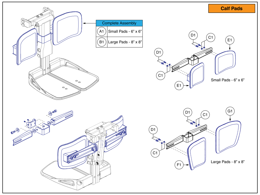 Calf Pads & Footplate Connector, Basic Center Mount parts diagram