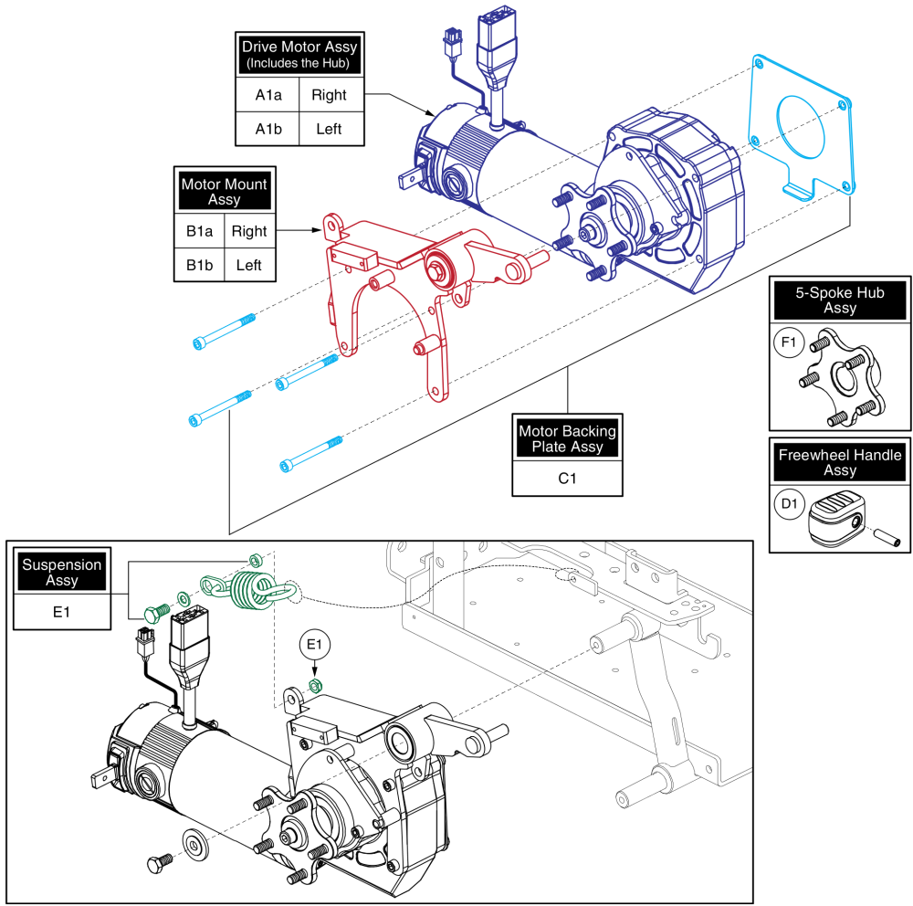 6mph Drive Motor Assy - Accu-trac, 5-spoke Hub, Curtis Connector, Q6 Edge 3 parts diagram