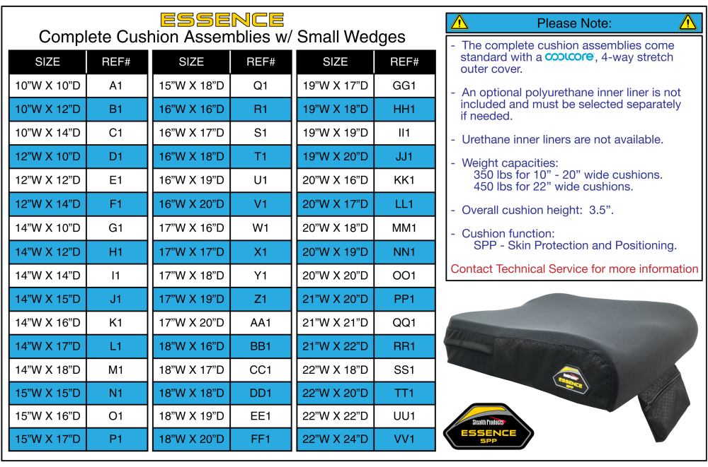 Complete Cushion (small Wedge) W/ 4-way Stretch (coolcore) Cover - Stealth Essence parts diagram