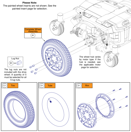 Pneumatic Drive Wheel, 5 Spoke Silver Rim/charcoal Tire W/ Color Rim Insert parts diagram