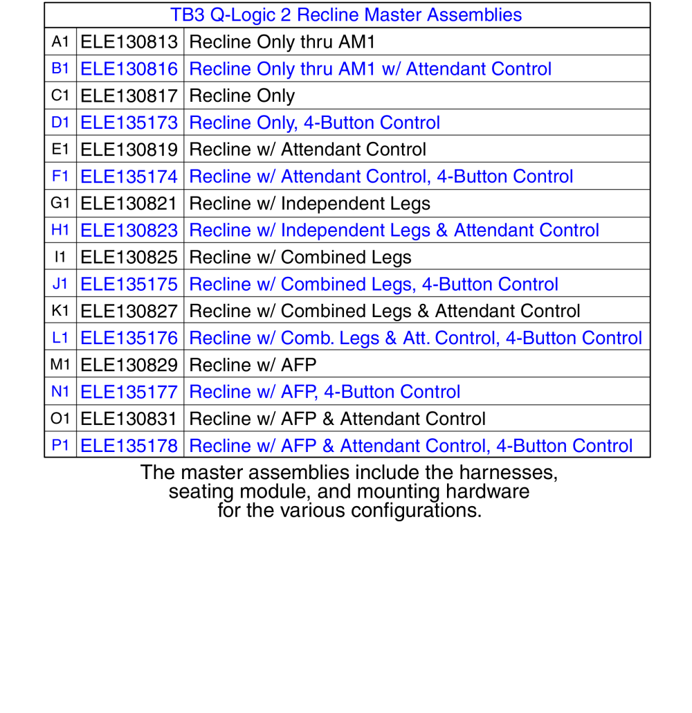 Electronic Master  Assy's, Recline, Tb3 / Q-logic 2 parts diagram