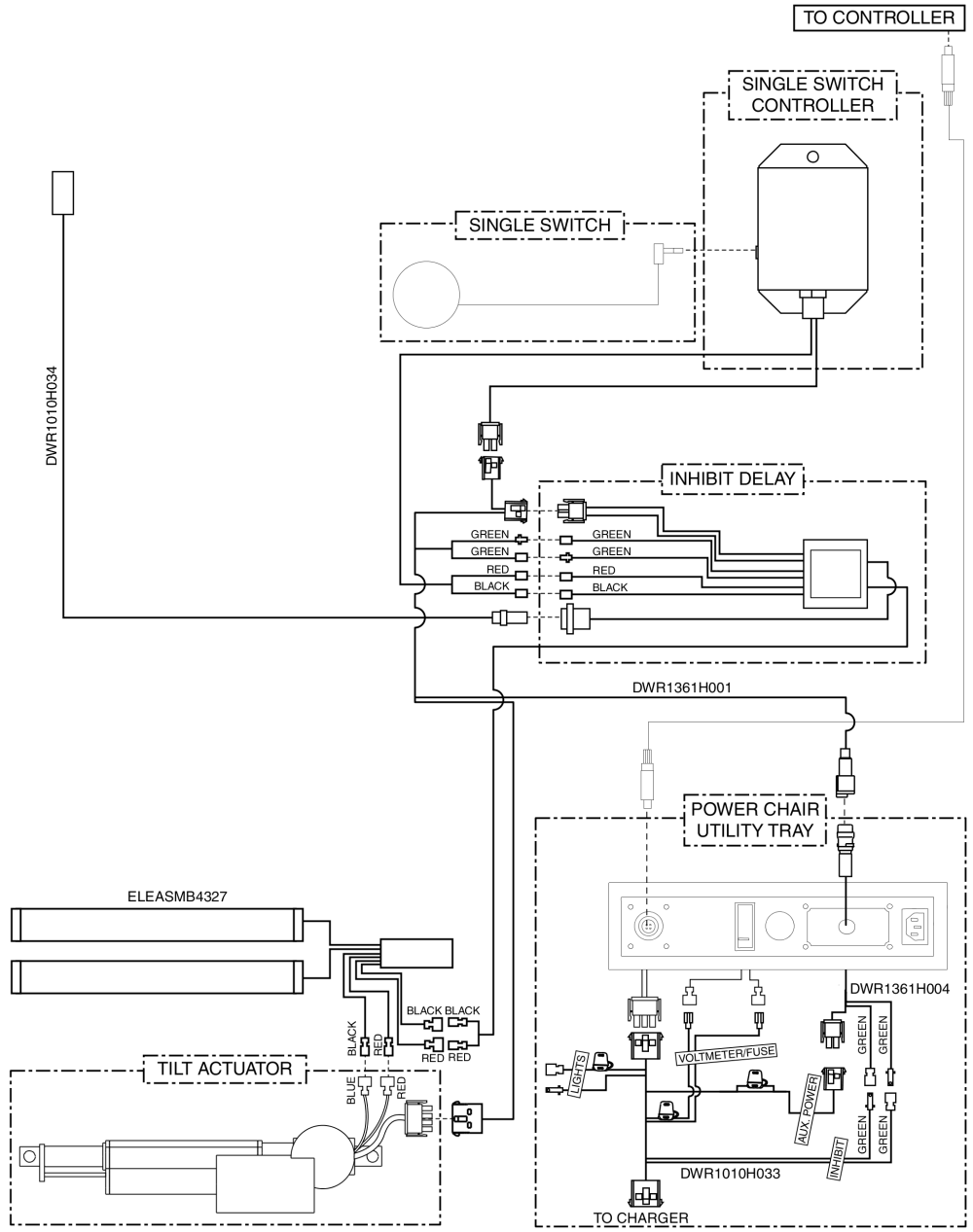 Electrical Diagram - Tilt Thru Single Switch W/ Manual Recline, Remote Plus / Vsi, Jazzy1170, Gen 1 parts diagram