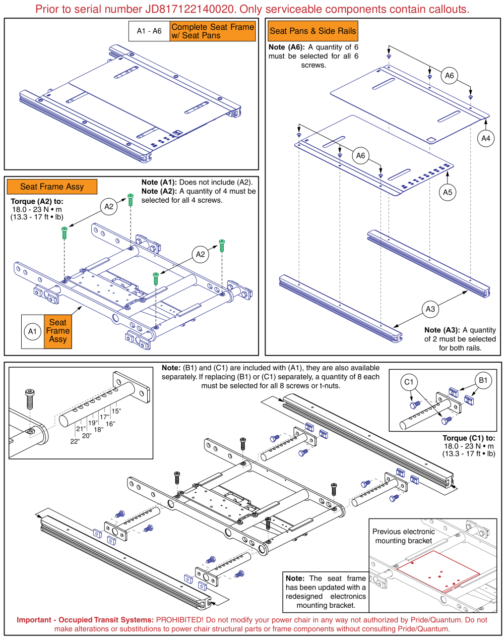 Seat Only Frame & Pans: 15